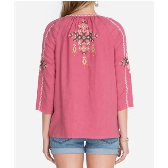 Johnny Was Chandra Pink Linen Peasant Top Blouse XS Embroidered Boho Cottage - Picture 2 of 13
